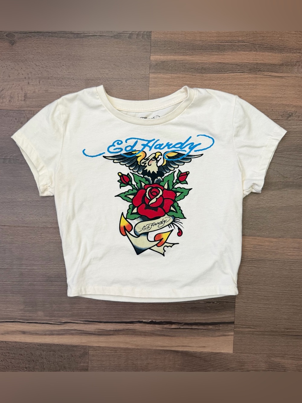 Ed Hardy Women's Ivory Short Sleeve Red Rose & Eagle Graphic Baby Tee Sz Medium